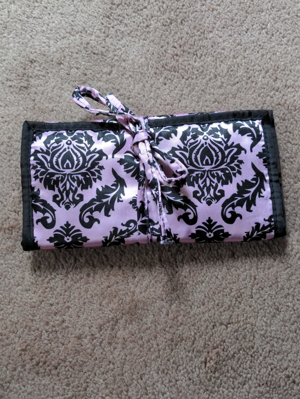 Purple and Black Damask Travel Jewelry Roll